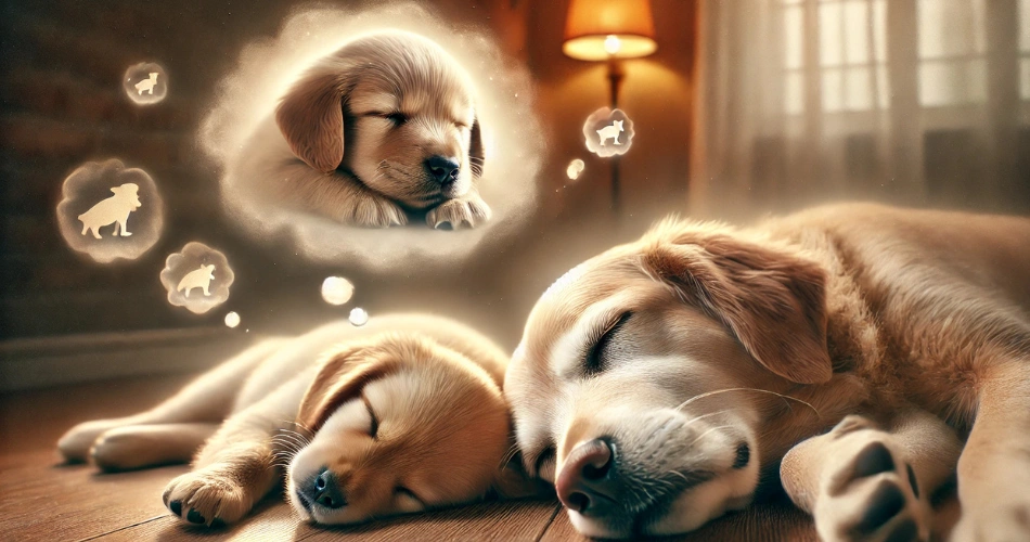 Image Idea: A sleeping puppy and an elderly dog, with soft dream-like visual effects (e.g., subtle thought bubbles or dreamy lighting).