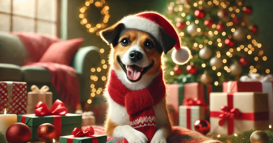 Image Idea: A cheerful holiday card featuring a dog wearing festive accessories (like a Santa hat).