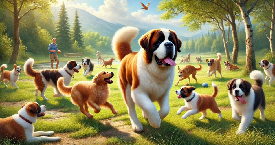  Saint Bernard playing with others dog breeds 