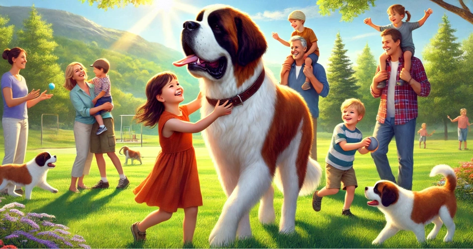 Saint Bernard dog breeds playing with family