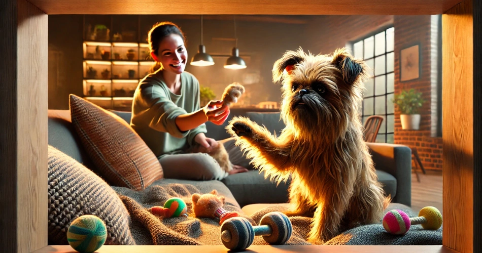 A playful Brussels Griffon engaging with toys or snuggling on a couch with its owner.2